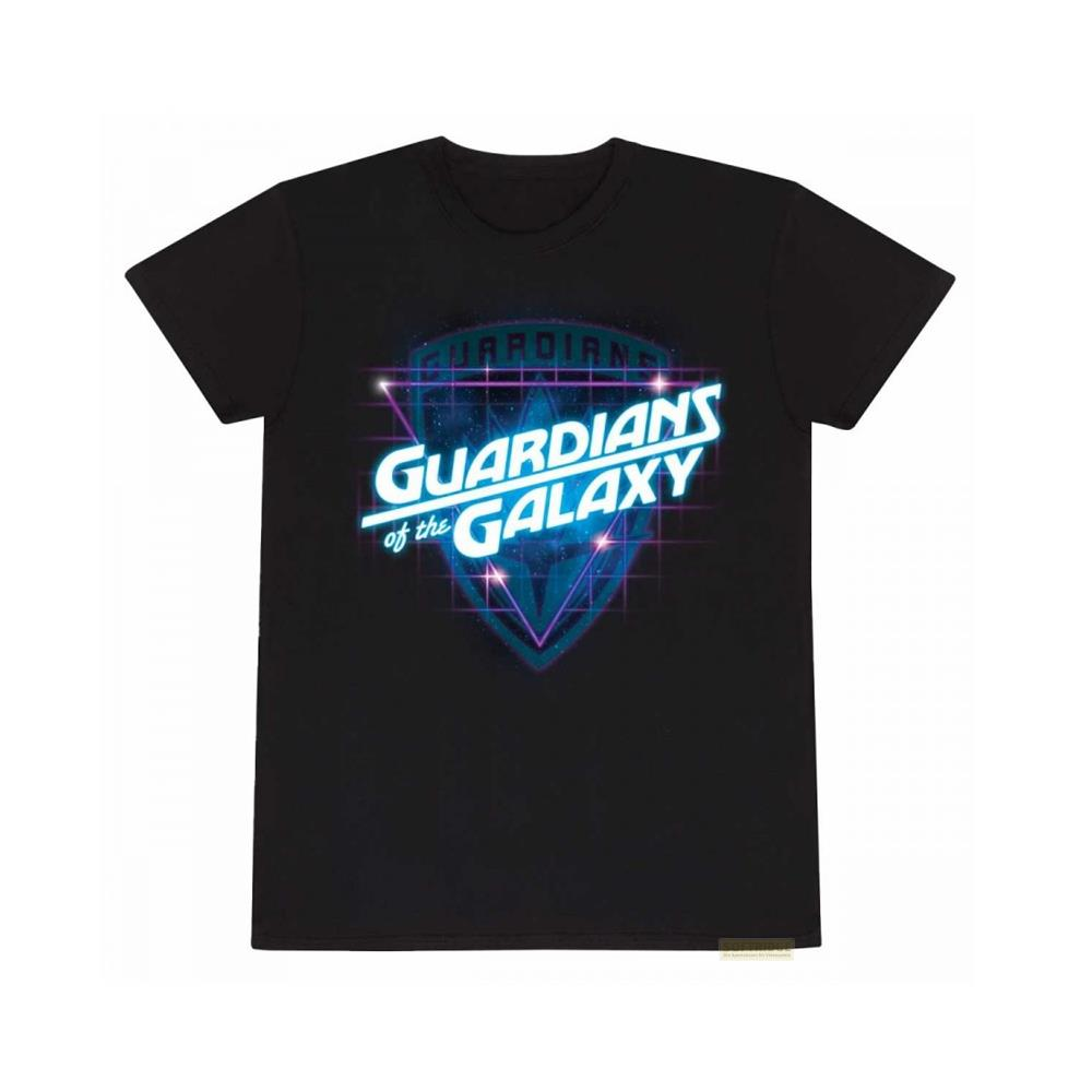 Schwarzes T-Shirt mit Guardians of the Galaxy-Logo in Neonfarben.
