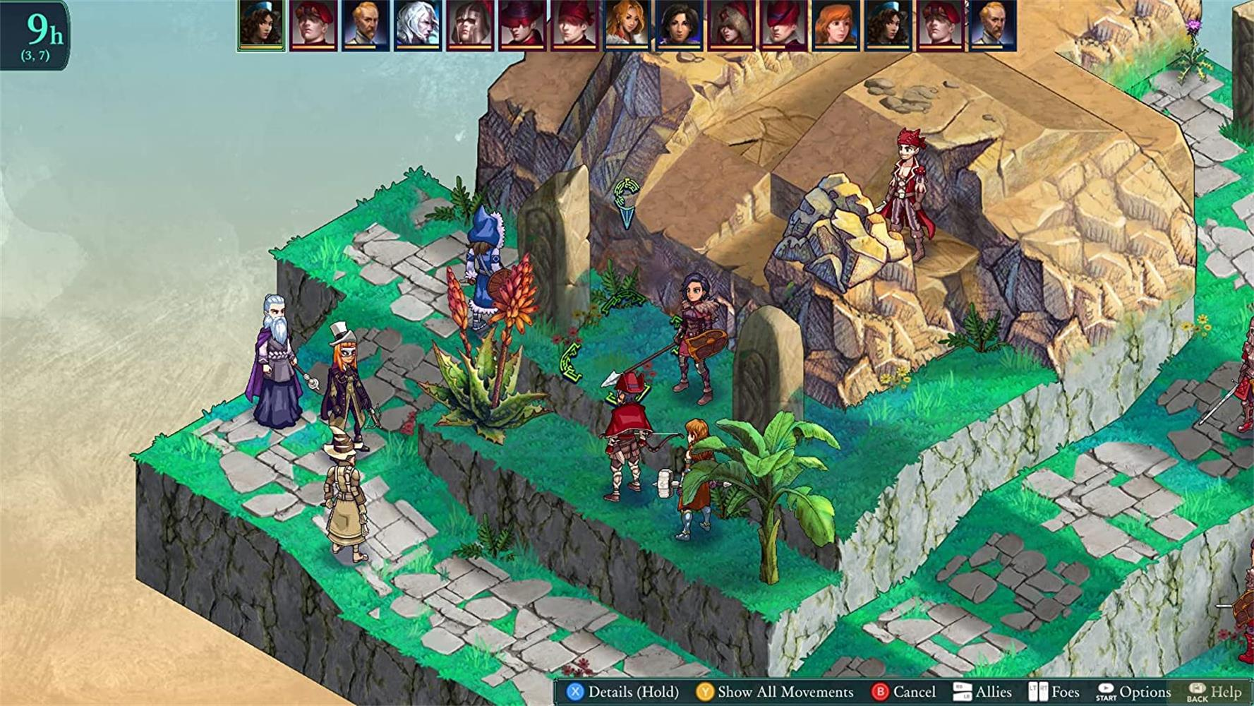 Strategie-RPG-Spielszene mit Charakteren auf felsigem Terrain und grüner Vegetation.