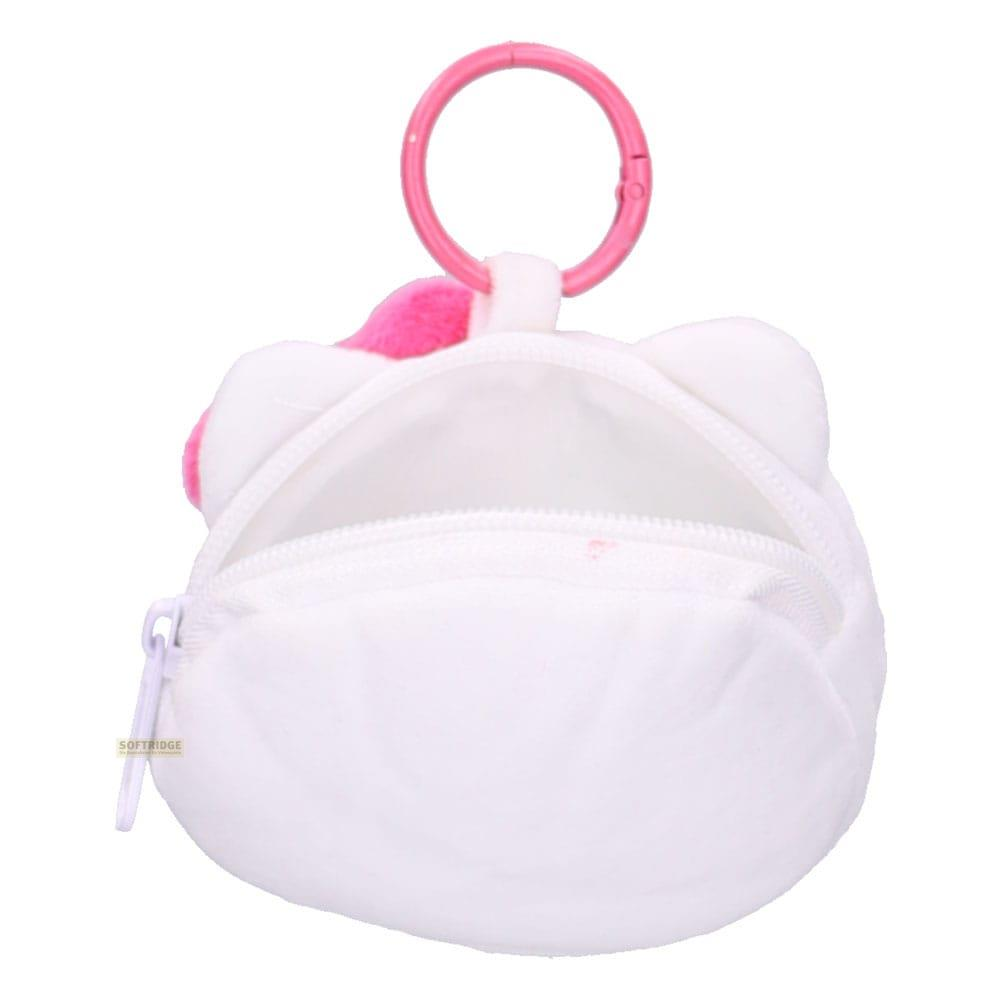 Un monedero blanco de felpa con forma de cabeza de gato, acentos rosas y un anillo rosa.