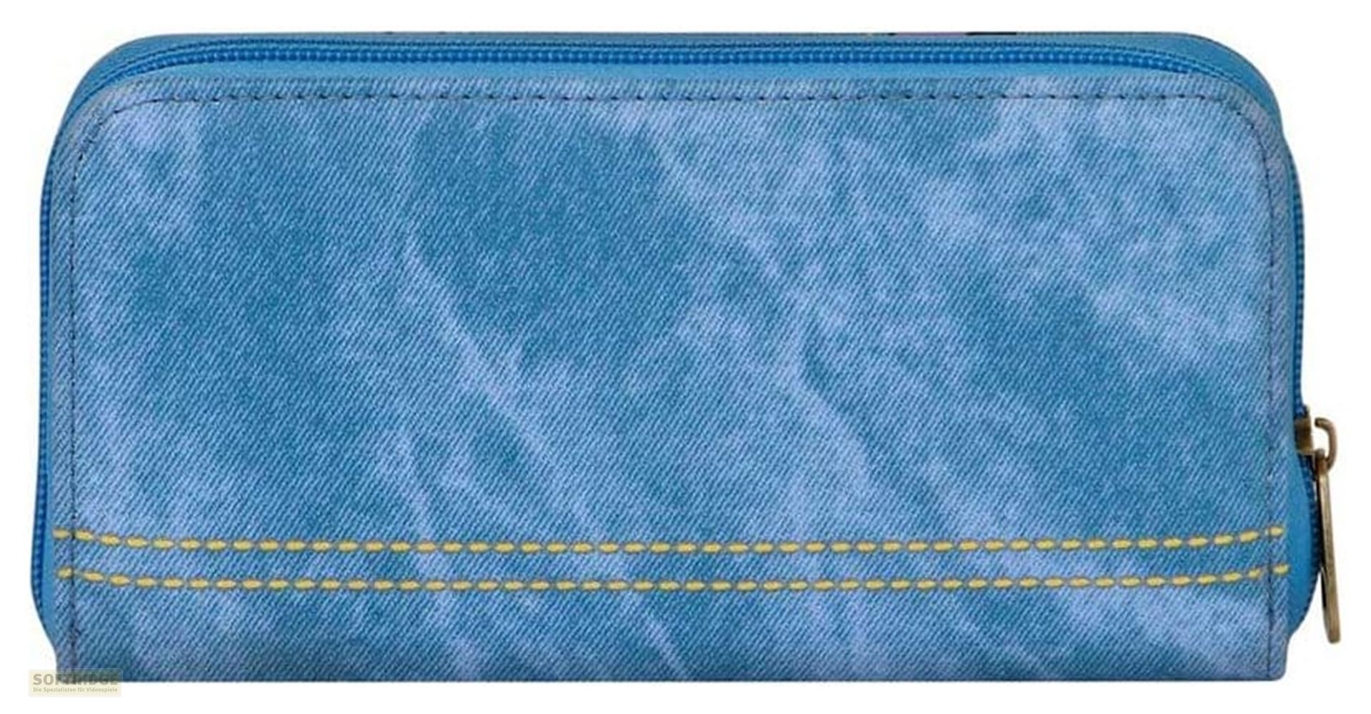 Una cartera de mezclilla azul con doble costura y cierre de cremallera.