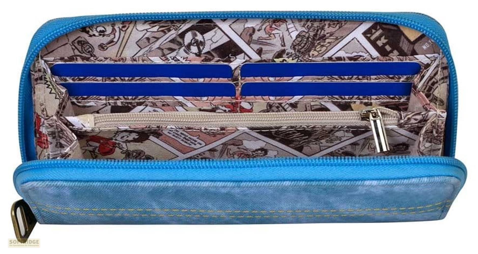 Una billetera azul con forro estampado de cómic y ranuras para tarjetas azules.