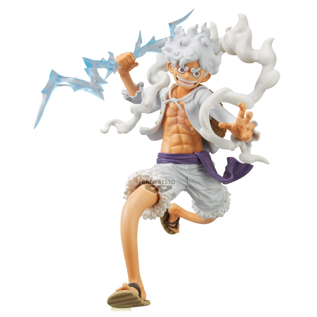 Una figura de Monkey D. Luffy en blanco con relámpagos y humo.