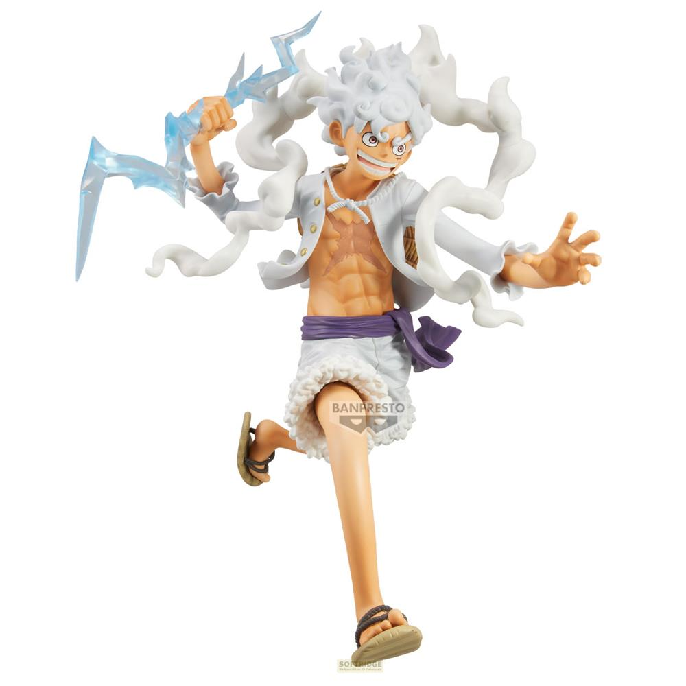 Figura de Monkey D. Luffy en Gear 5, con pelo blanco y rayos.