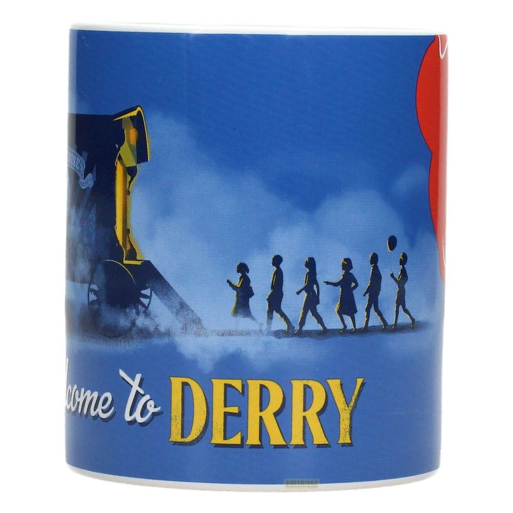 Siluetas de niños pasan un tren de vapor hacia el texto "come to DERRY".