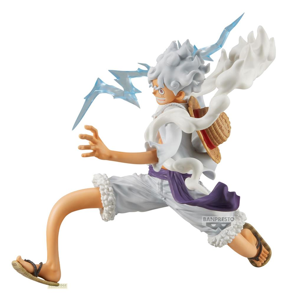 Una figura de Luffy en su forma Gear 5, con pelo blanco, efectos de rayos azules y sombrero de paja.