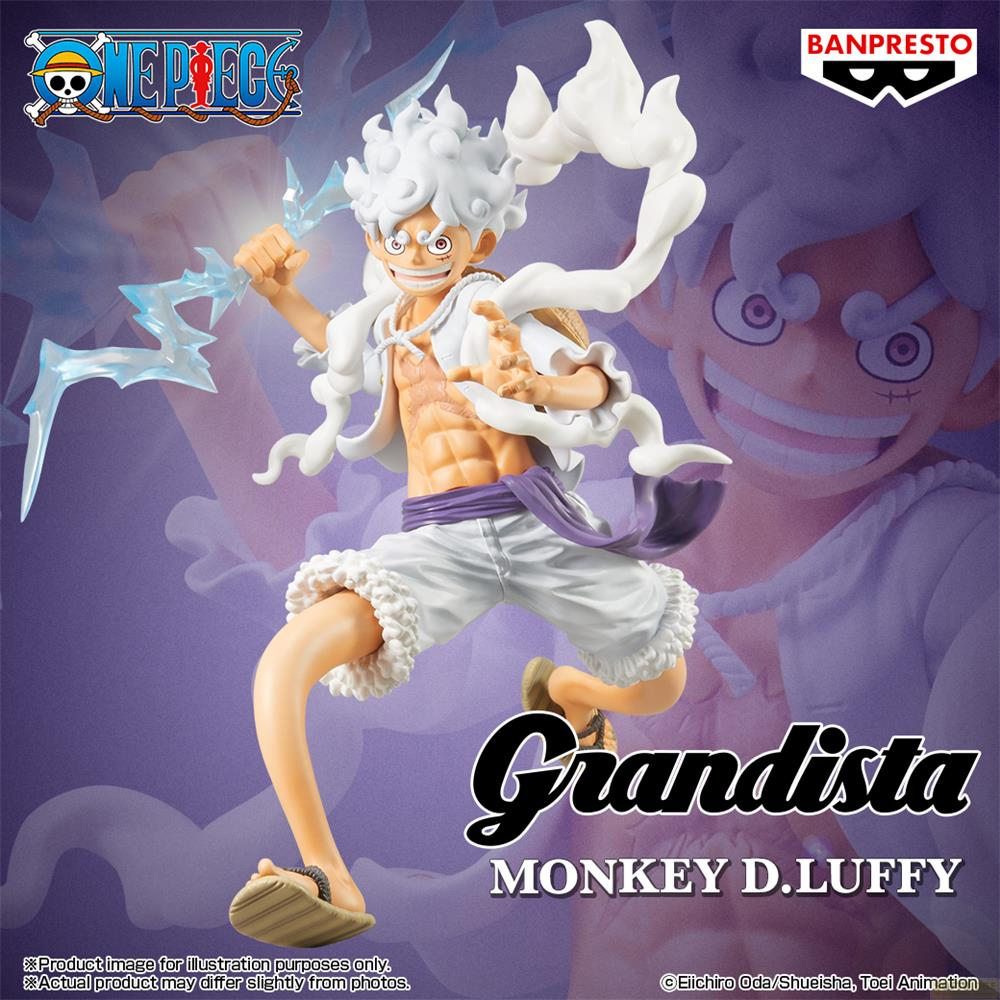 Una figura de acción de Monkey D. Luffy con pelo blanco, top blanco, shorts blancos y sandalias.
