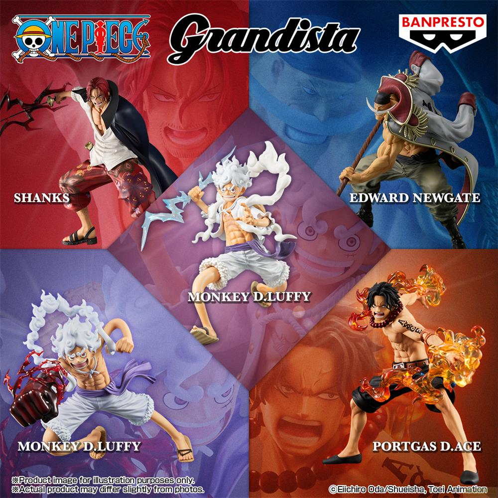 Figuras de One Piece: Shanks, Edward Newgate, dos Monkey D. Luffy y Portgas D. Ace.