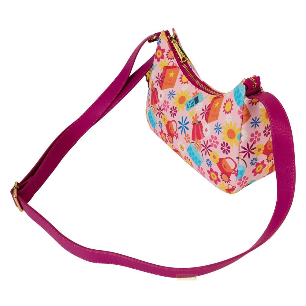 Un bolso rosa con estampado floral y correa morada.