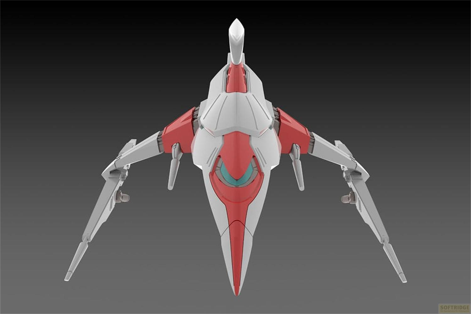 Un vaisseau spatial futuriste blanc et rouge aux ailes pointues.