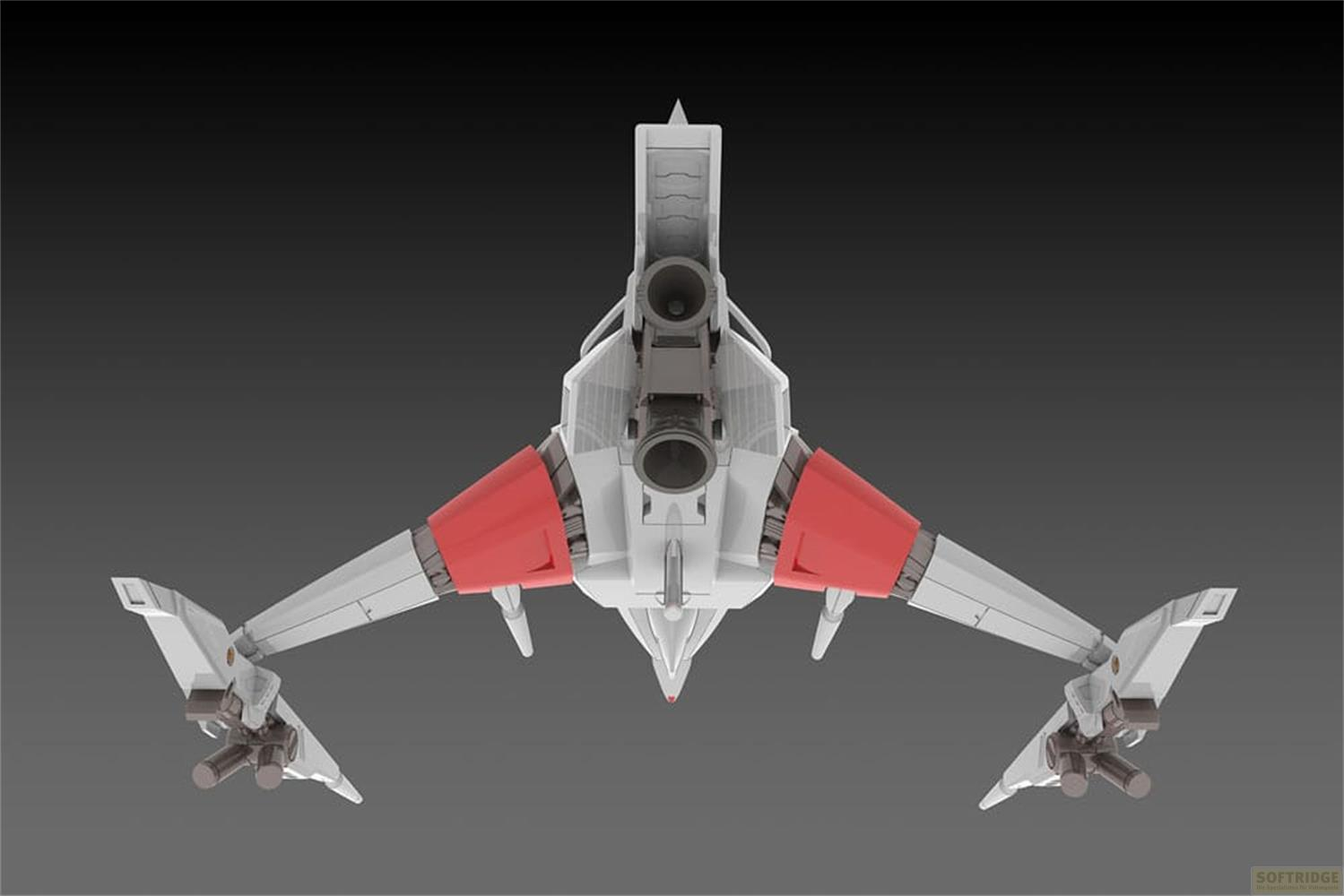 Un vaisseau spatial blanc futuriste avec des ailes rouges et des propulseurs.