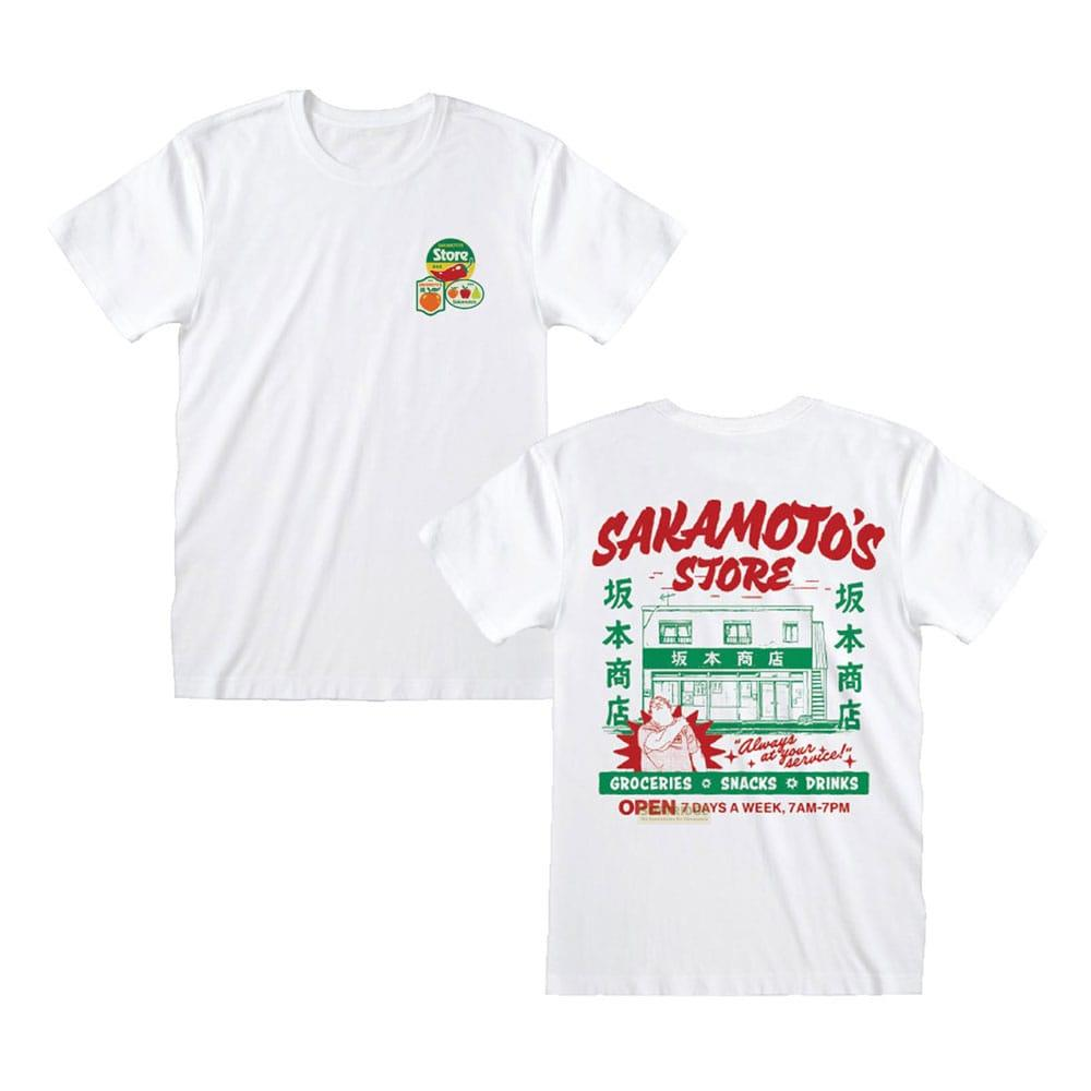 Weißes T-Shirt mit Sakamoto's Store-Aufdruck vorne und hinten.