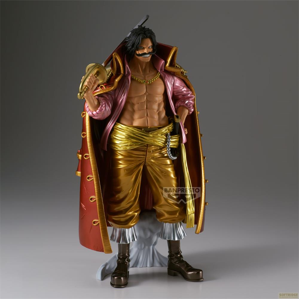 Figura de Gol D. Roger con abrigo rojo, pantalones dorados y camisa rosa.