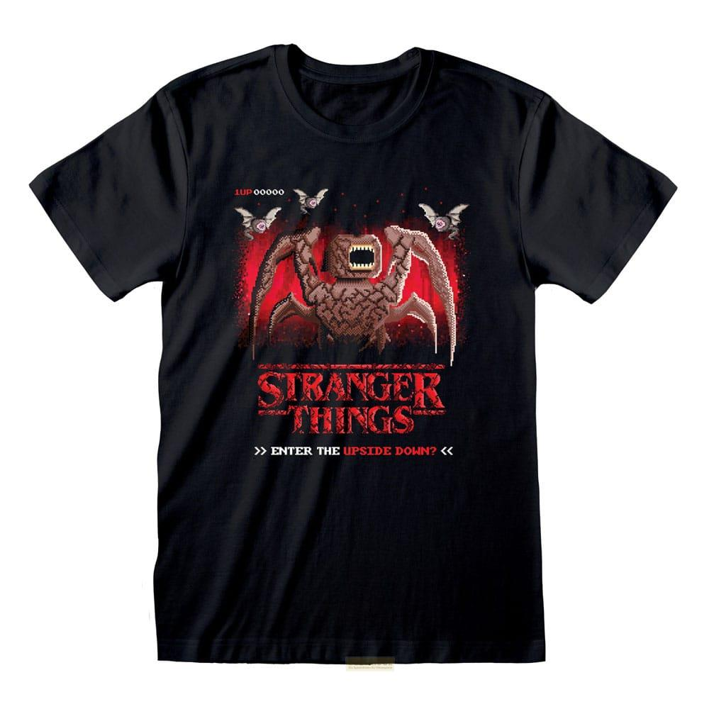 Schwarz T-Shirt mit Demogorgon und Stranger Things Schriftzug im Pixel-Art-Stil.