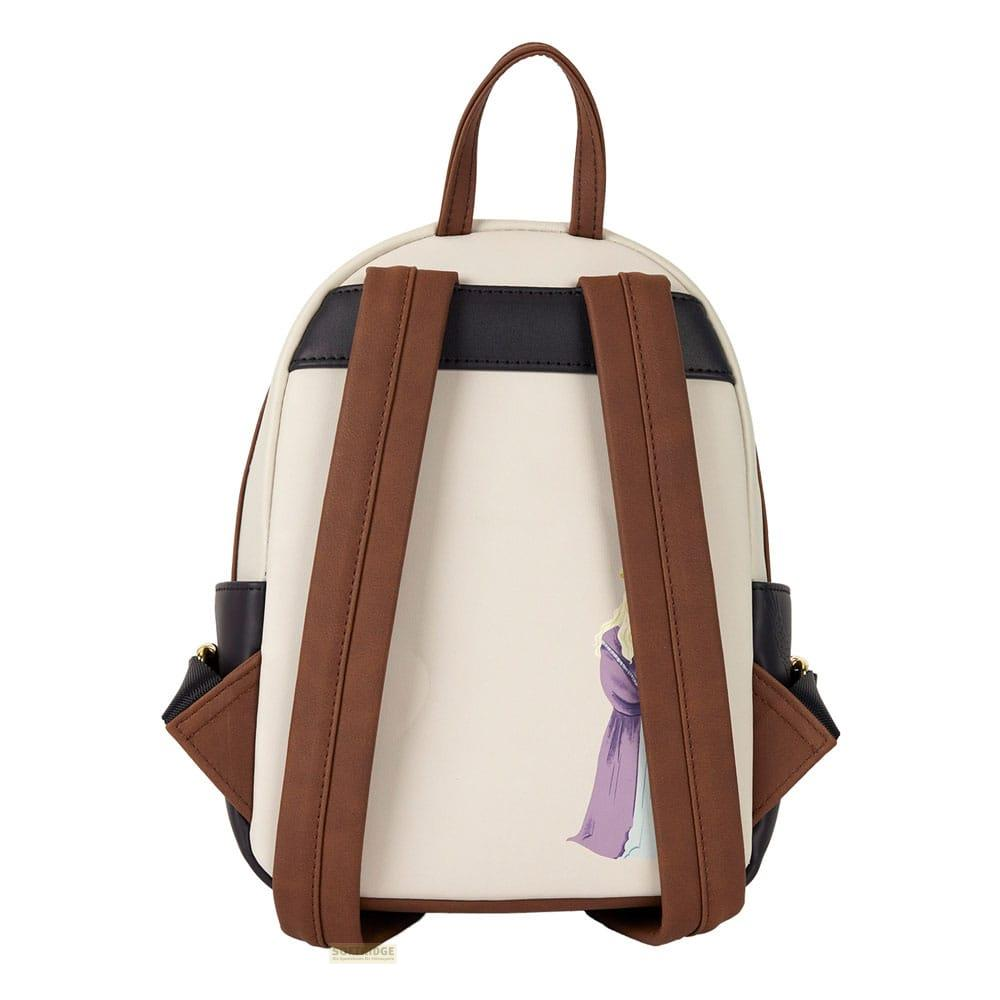 Una mochila crema con correas marrones que presenta un gráfico de Elsa.