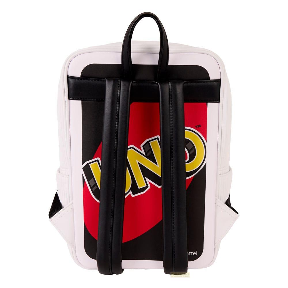 Una mochila blanca con el logo de UNO en la espalda.
