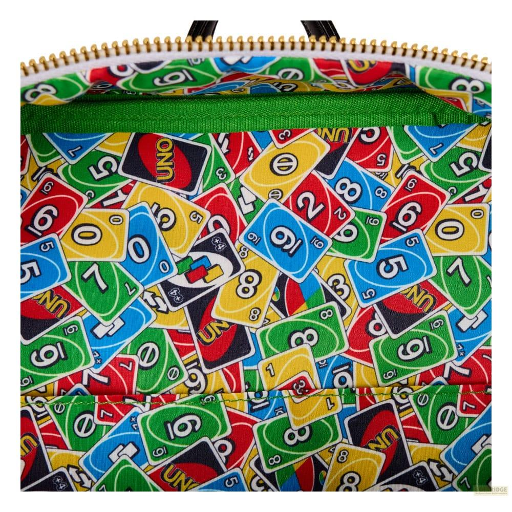 Bolso con estampado de cartas UNO, rojo, azul, amarillo, verde, blanco, negro.