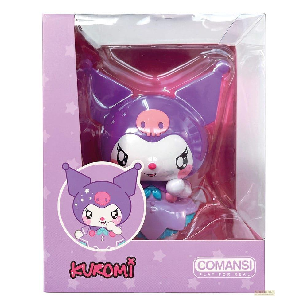 Lila Kuromi-Figur in Verpackung mit kleinem Kuromi-Bild und Logo.