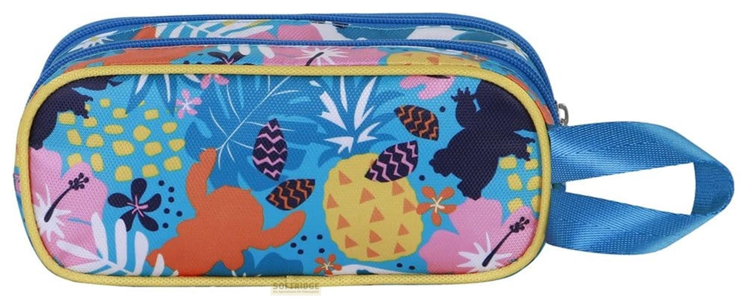Neceser con fondo azul y estampado tropical.