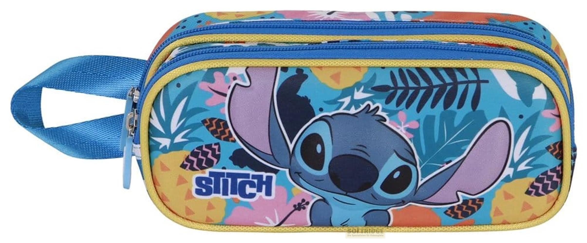 Un estuche azul con el personaje de Stitch y estampado de hojas tropicales.