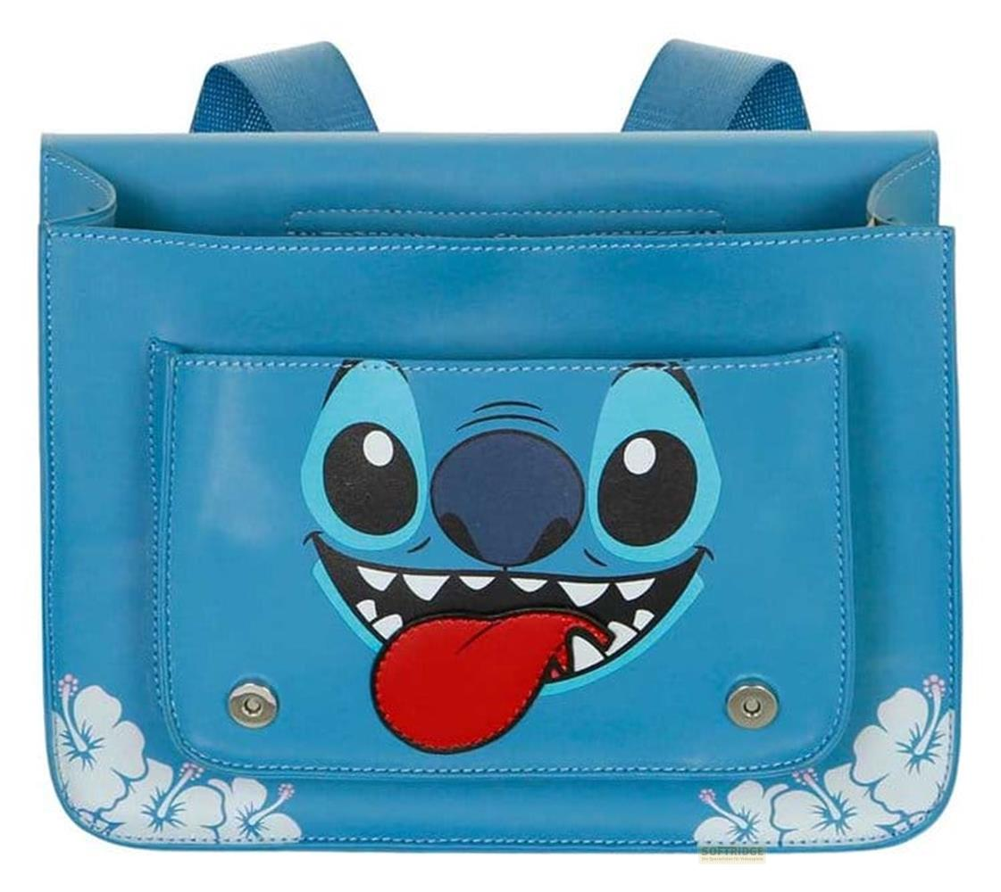 Mochila azul con cara de Stitch y flores de hibisco.