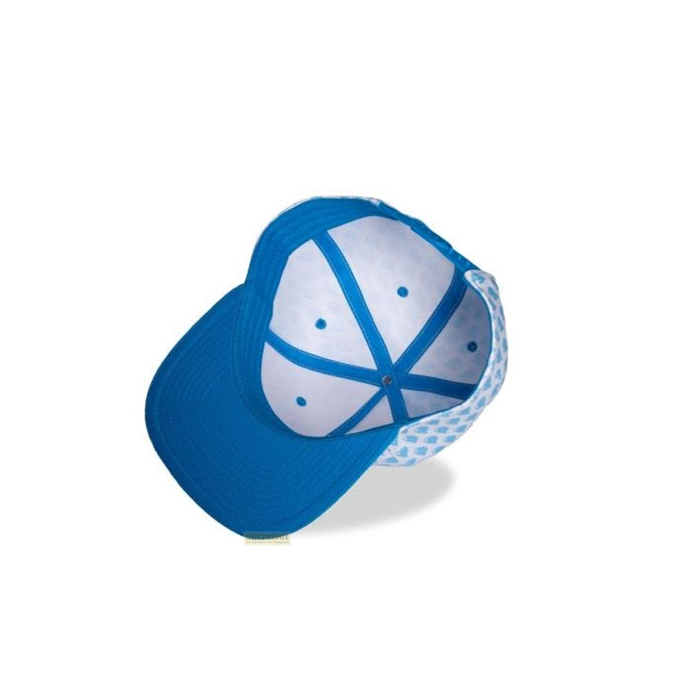 Une casquette bleue avec un motif blanc à l'intérieur, vue de dessous.