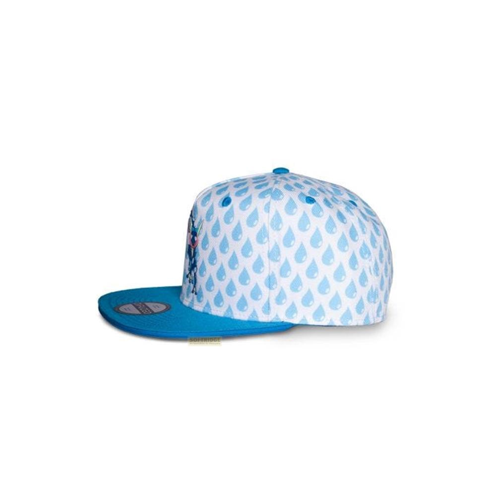 Une casquette blanche à motif de gouttes bleues et visière bleue.