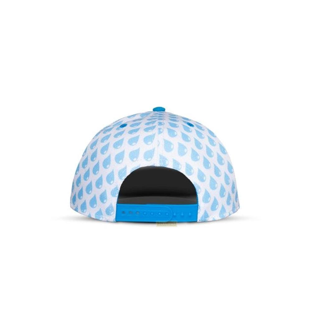 Casquette blanche à motif de gouttes bleues et sangle bleue.