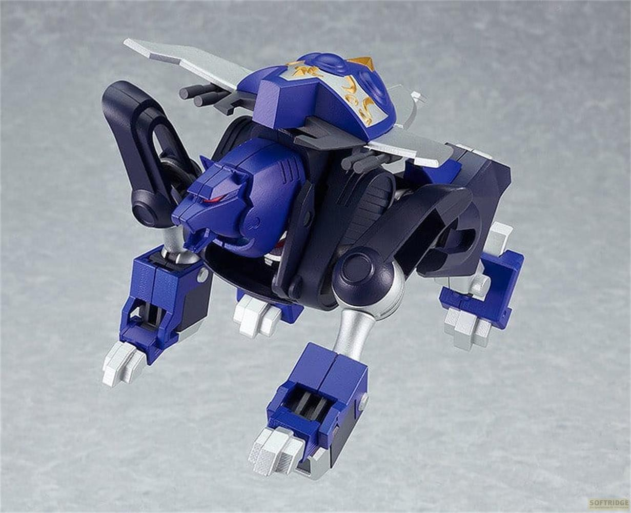 Un animal robotique bleu avec des accents argentés se tient sur un fond gris.