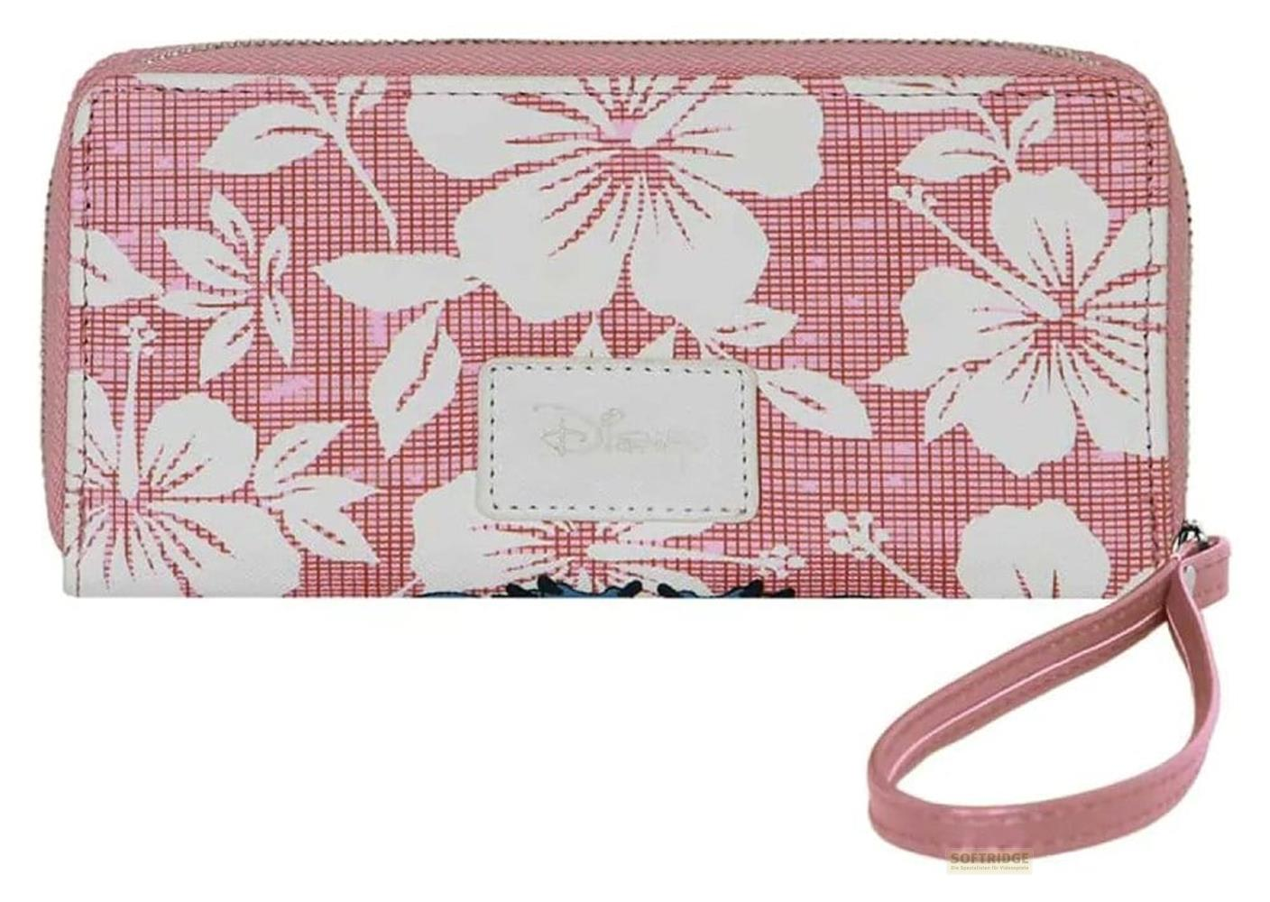 Cartera rosa con flores blancas y logo de Disney.