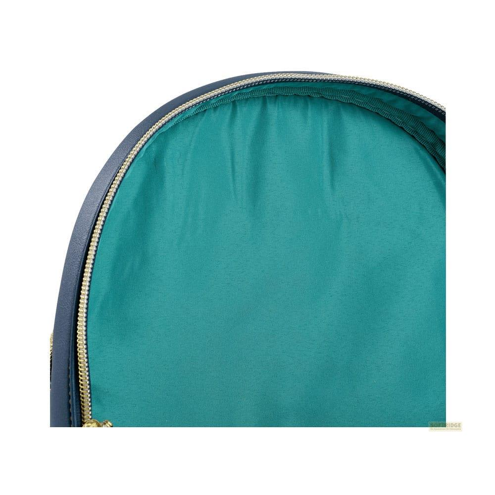 Vista interior de una mochila azul con forro turquesa y cremallera.