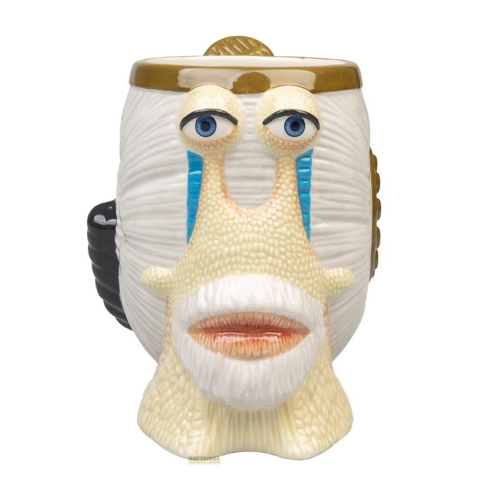 Eine weiße Keramiktasse mit einem Schneckenmotiv, blauäugig und mit Lippen.