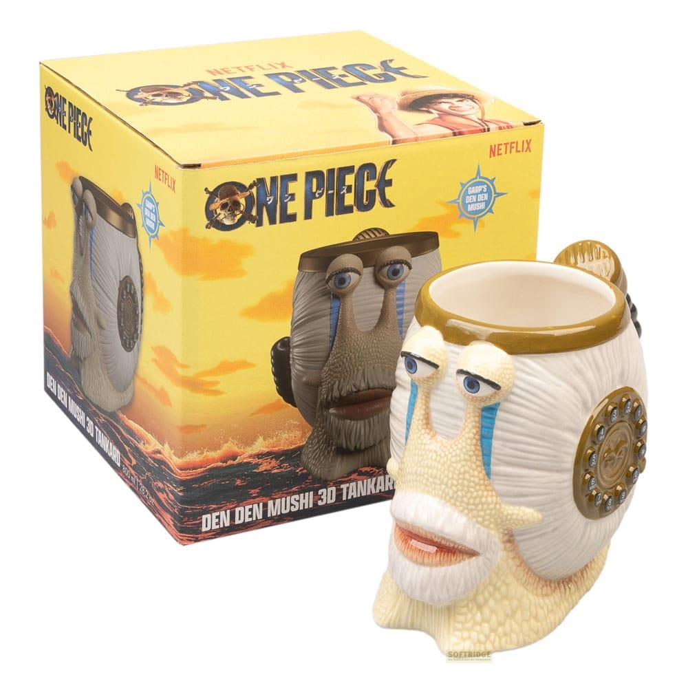 Ein One Piece Becher in Form einer Schnecke mit Box daneben.