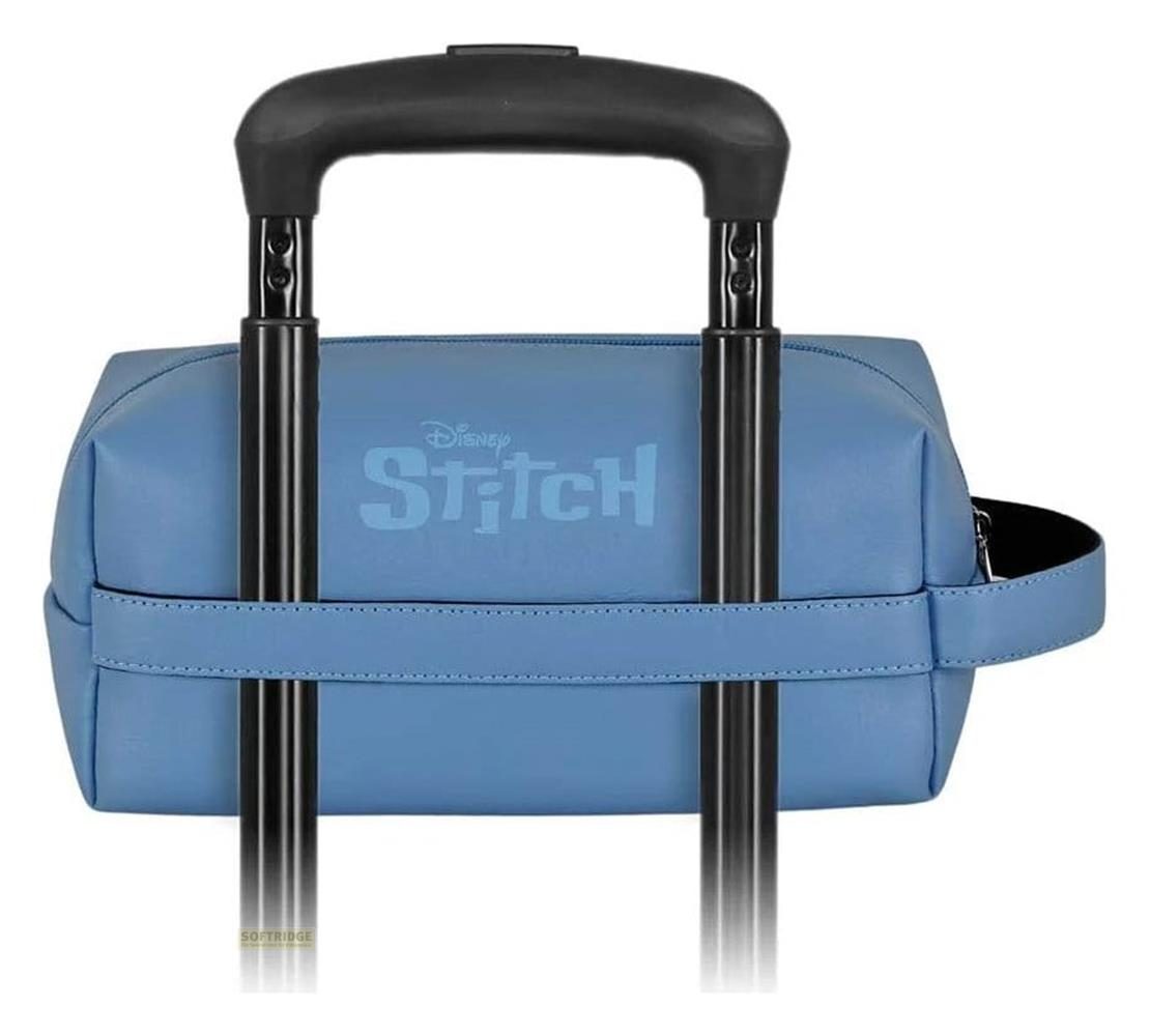 Neceser azul Disney Stitch con asa y cremallera negras, sobre fondo blanco.