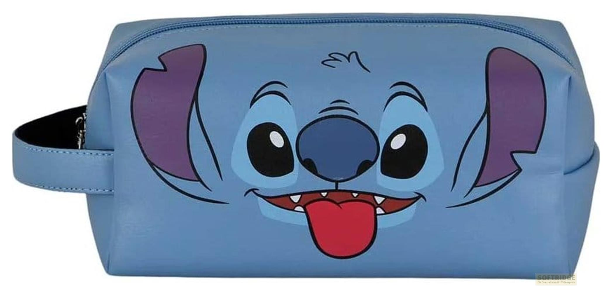 Una bolsa de cosméticos azul con la cara de Stitch sacando la lengua.