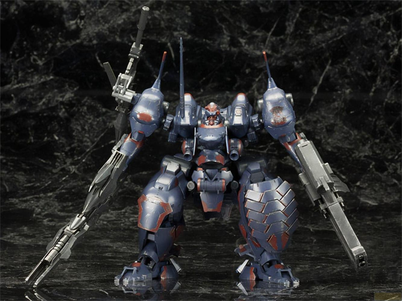 Un mecha bleu et rouge avec des armes dans les deux mains sur fond sombre.