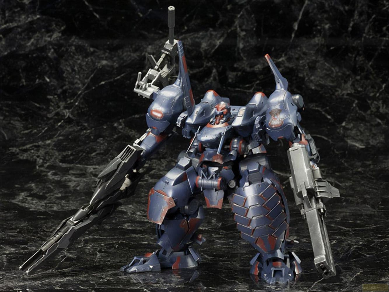 Un robot bleu et rouge avec des armes sur fond de marbre noir.