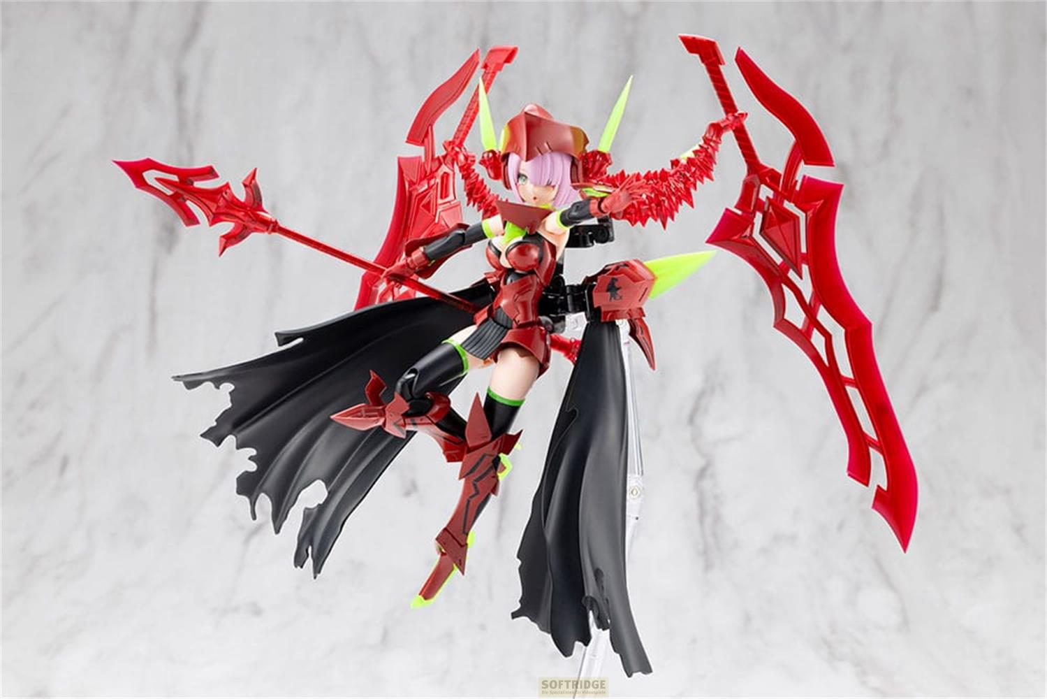 Figurine rouge et noire avec grandes ailes et armes sur fond marbré.