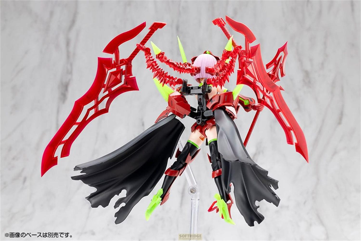 Une figurine rouge, noire et verte avec des ailes et des armes rouges.