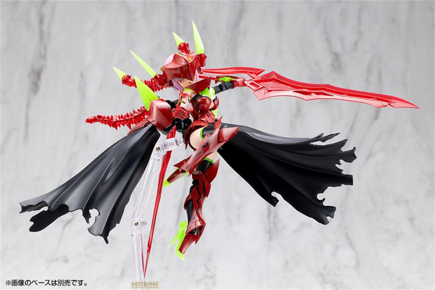 Une figurine rouge et verte avec des ailes noires et une épée rouge sur fond blanc.