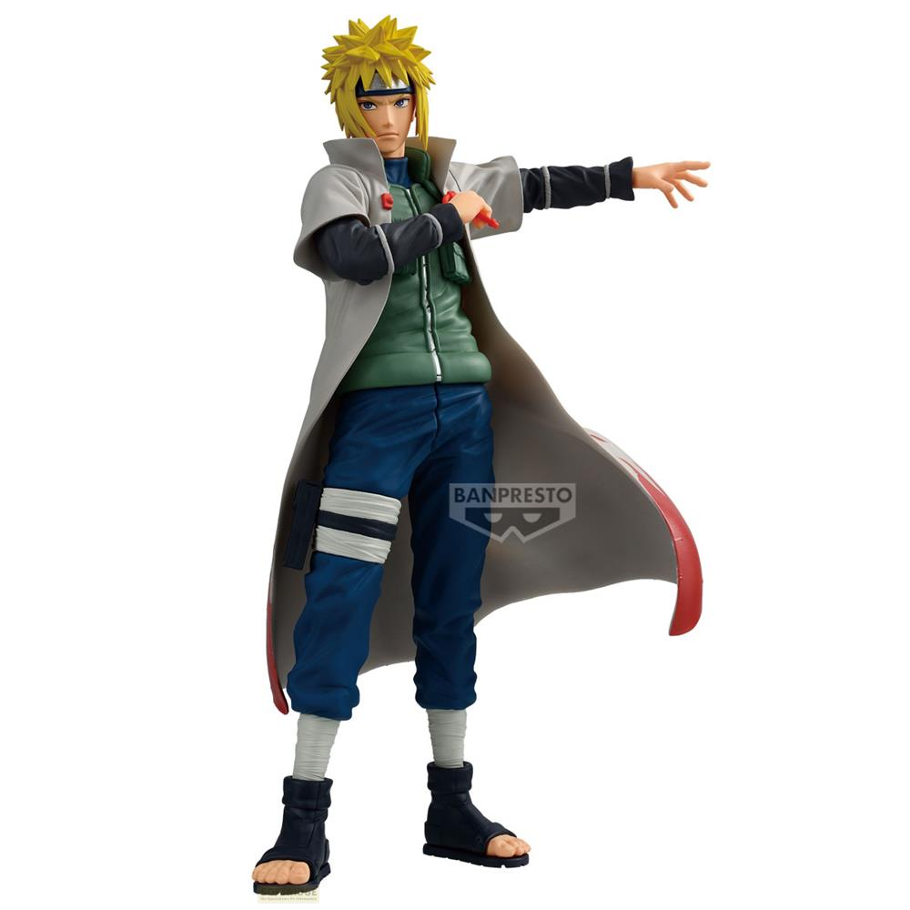 Figura de personaje de anime con pelo amarillo y capa gris.