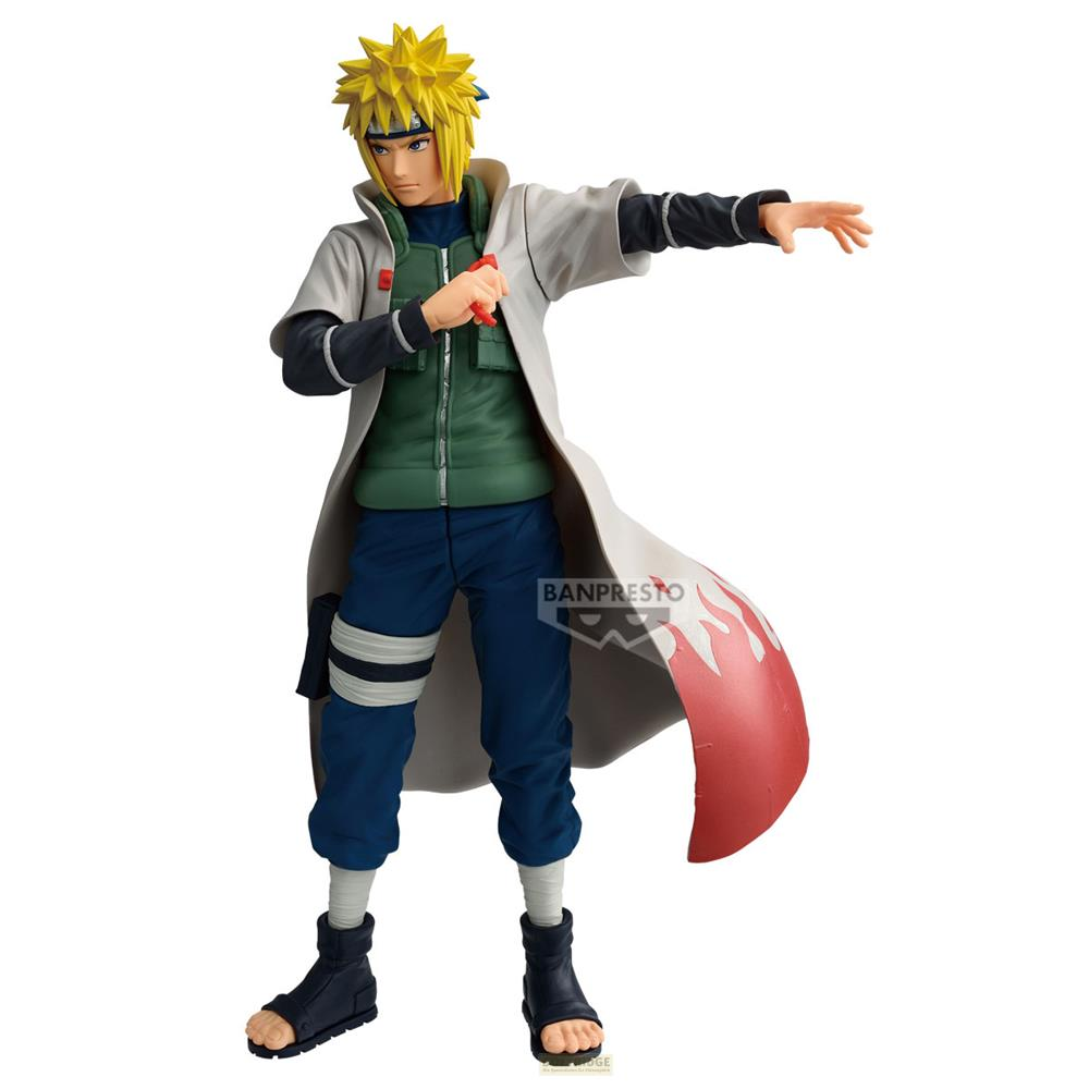 Figura de acción de Minato Namikaze con pelo rubio, vistiendo túnica blanca, chaleco verde y pantalón azul.