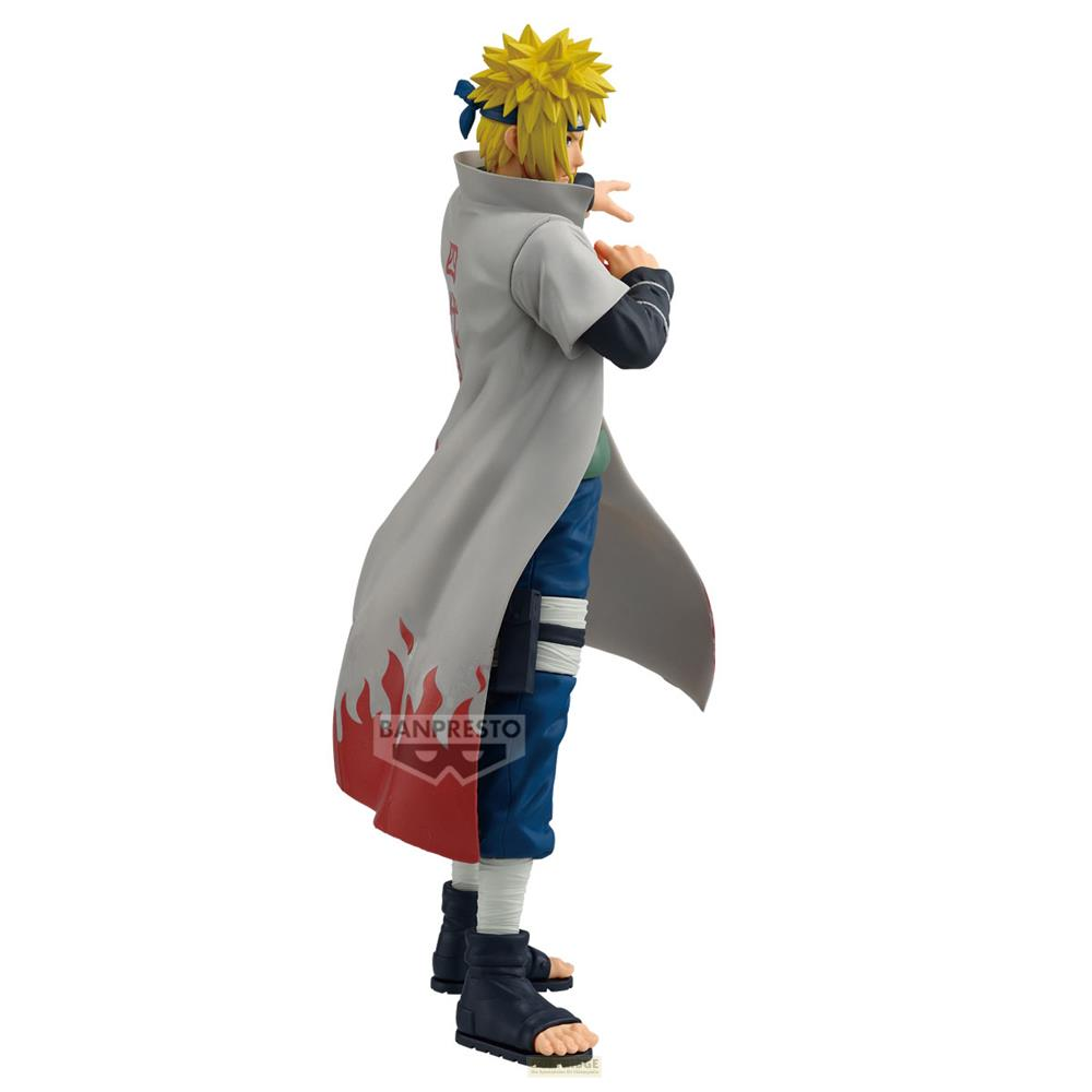 Figura de Minato Namikaze con pelo rubio, viste una túnica blanca con llamas rojas.