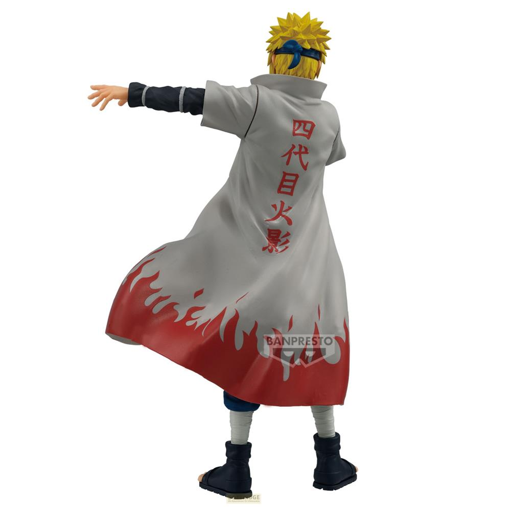 Figura de Minato Namikaze con pelo amarillo, cinta azul, abrigo blanco con llamas y escritura japonesa.