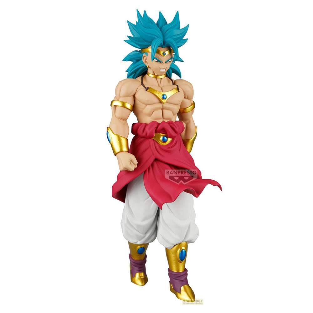 Una figura de acción de Broly con cabello azul, taparrabos rojo y piezas de armadura dorada.