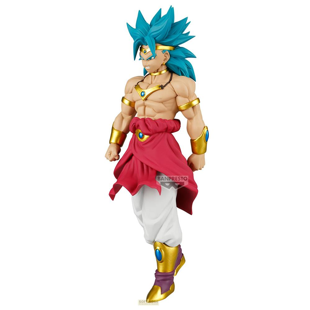 Figura de acción de Broly con pelo azul, falda roja y pantalones blancos.