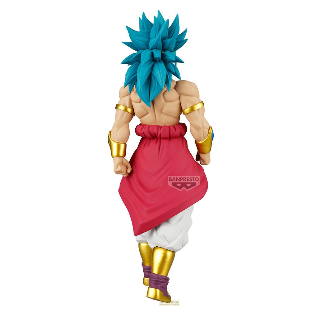 Figura con pelo azul, capa roja, pantalones blancos y botas doradas, vista de espaldas.