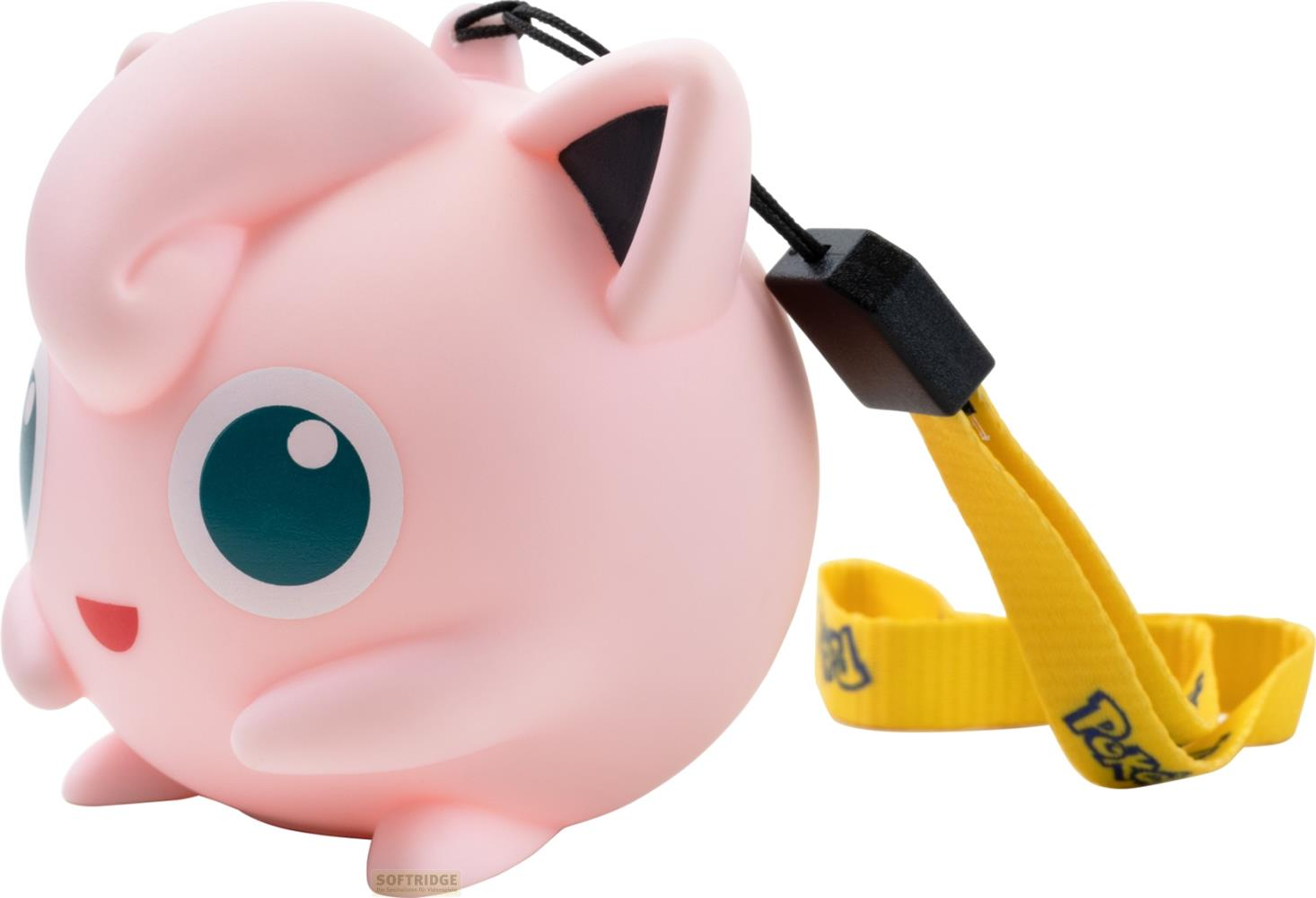 Figura rosa de Jigglypuff con pulsera amarilla de Pokémon y correa.