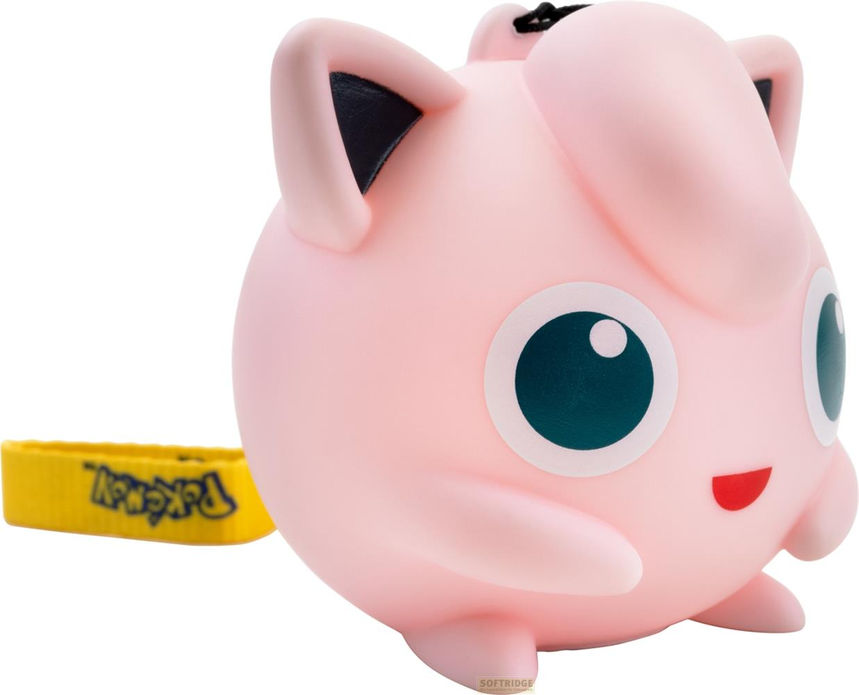 Un Jigglypuff rosa con grandes ojos azules y una correa amarilla de Pokémon.