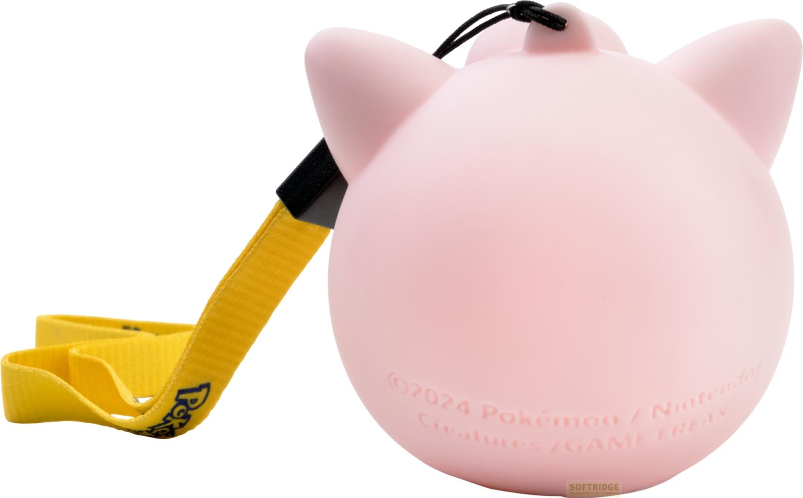 Una cápsula rosa con forma de Jigglypuff con cordón amarillo de Pokémon.