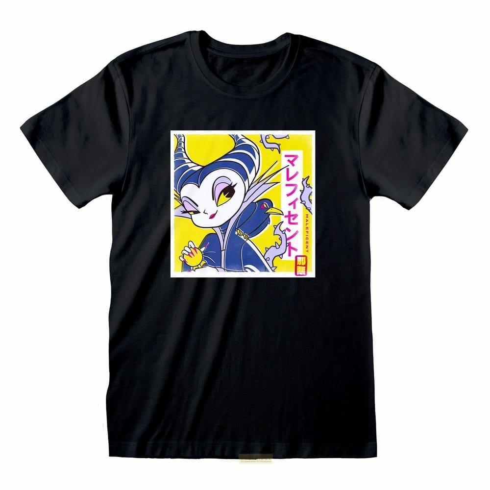 Schwarzes T-Shirt mit Malefizent-Illustration auf gelbem Hintergrund.
